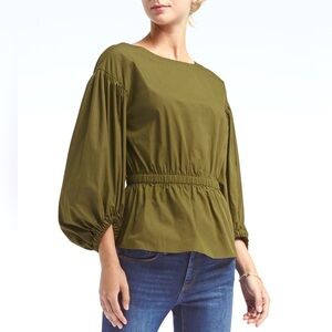 Banana Republic olive green bishop sleeve peplum cinched waist blouse Size XS